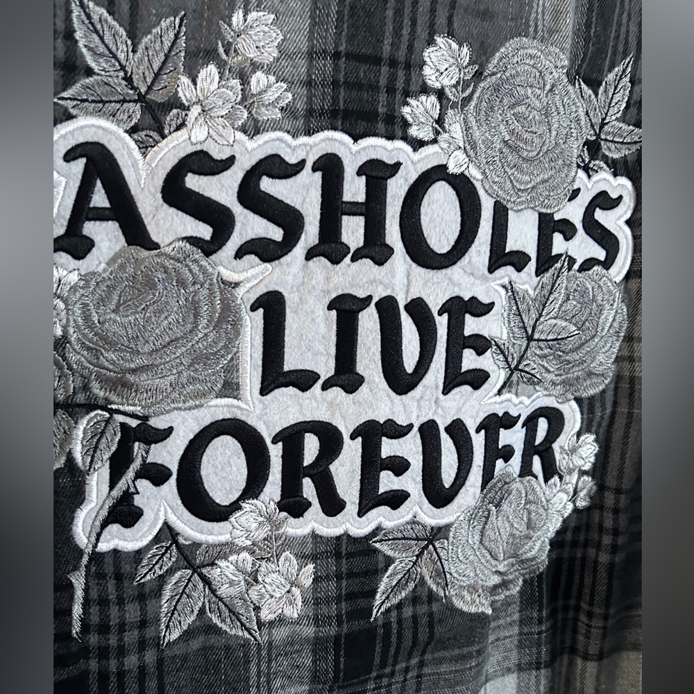 Flannel NEW Black and Gray Plaid  Shirt “ASSHOLES LIVE FOREVER” - Picture 9 of 11